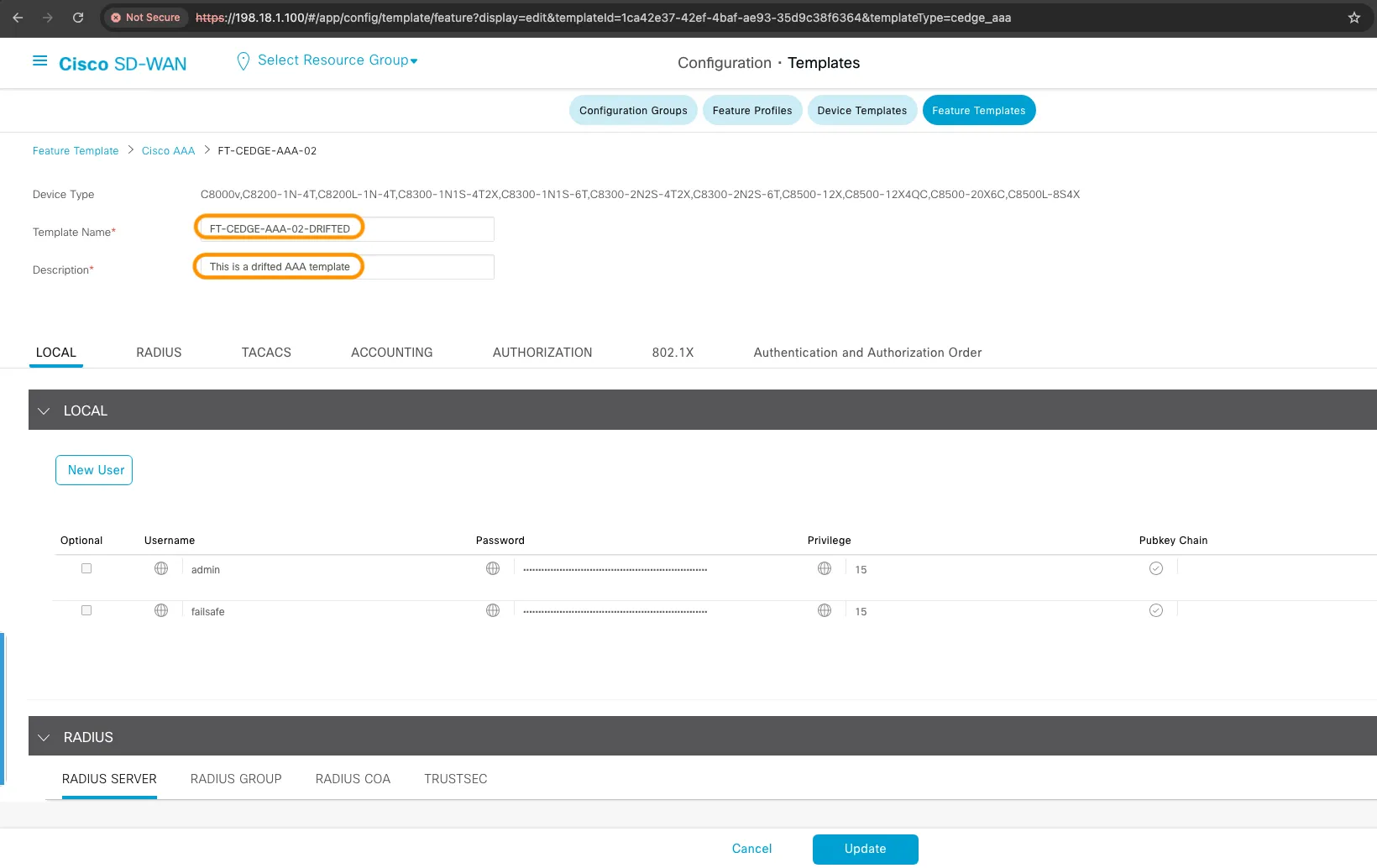 SDWAN Controller UI for FT-CEDGE-AAA-02 Template Drifted