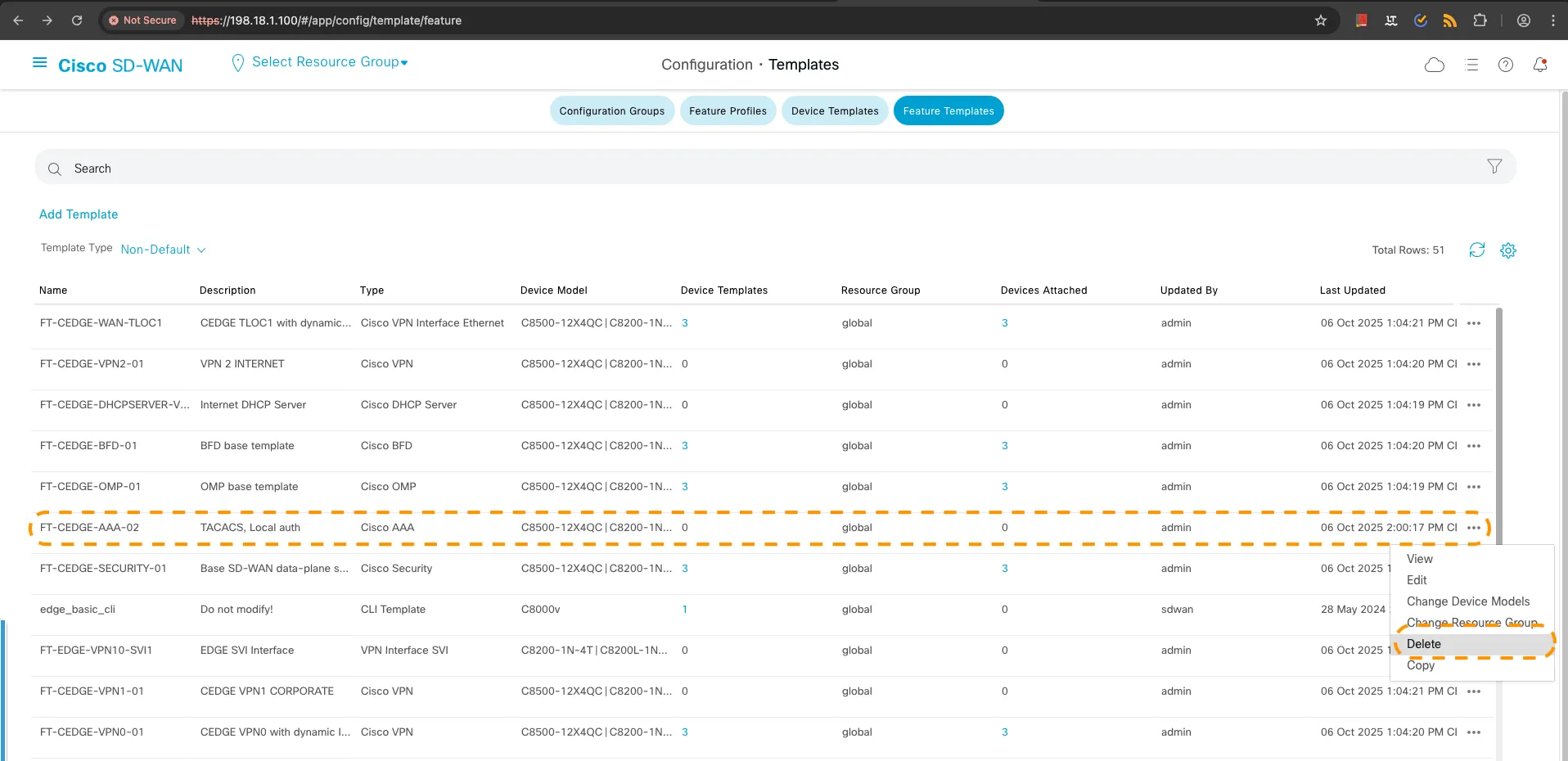SDWAN Controller UI for FT-CEDGE-AAA-02 Template Deleted