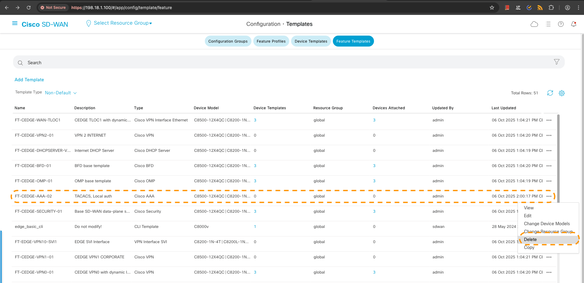 SDWAN Controller UI for FT-CEDGE-AAA-02 Template Deleted
