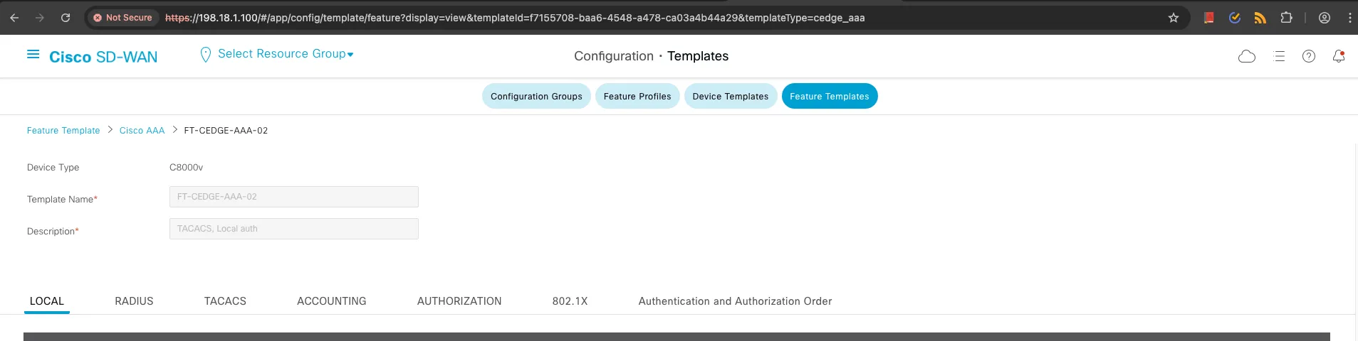 SDWAN Controller UI for FT-CEDGE-AAA-02 Template View Created Again Details