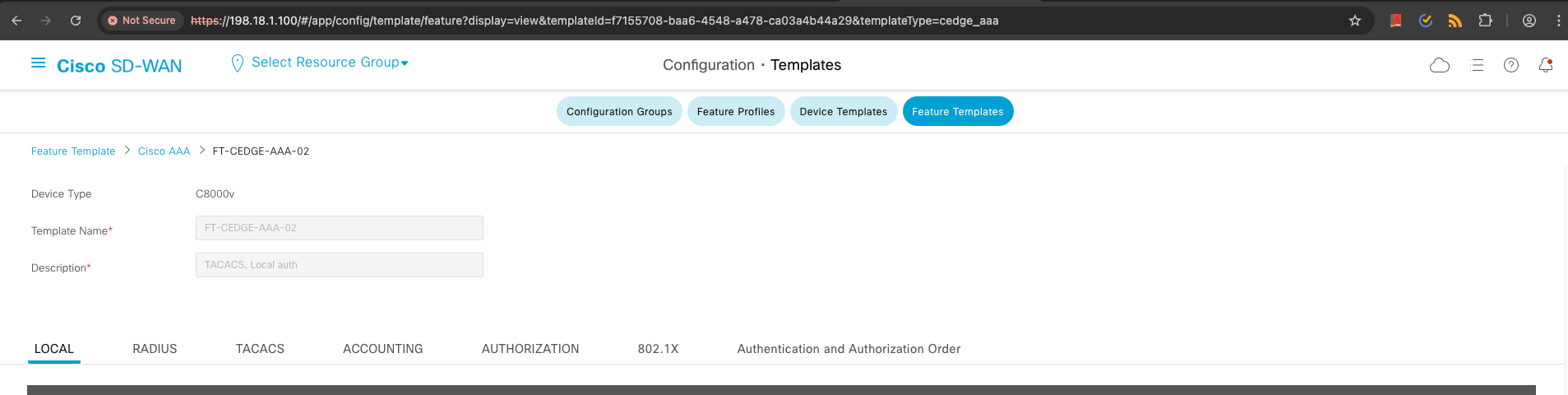 SDWAN Controller UI for FT-CEDGE-AAA-02 Template View Created Again Details
