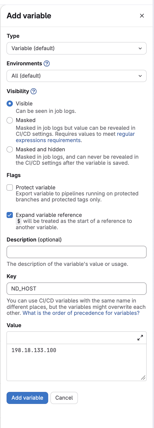 Example CI/CD Variable form