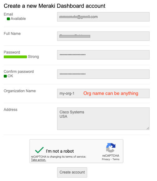 Meraki Dashboard Signup