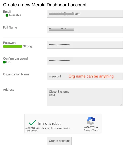 Meraki Dashboard Signup