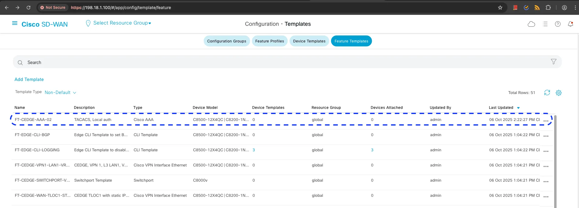 SDWAN Controller UI for FT-CEDGE-AAA-02 Template Recreated