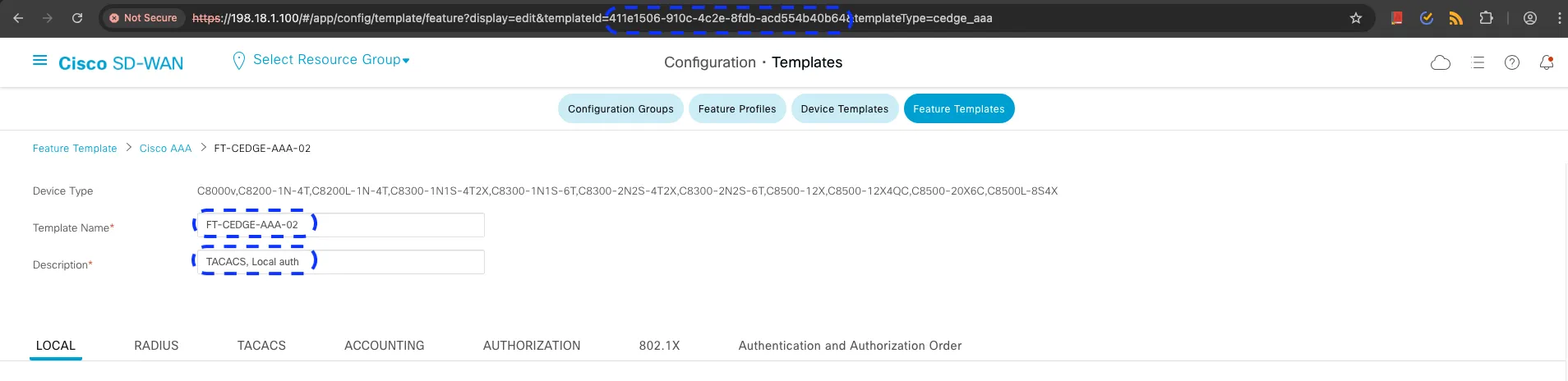 SDWAN Controller UI for FT-CEDGE-AAA-02 Template View Recreated