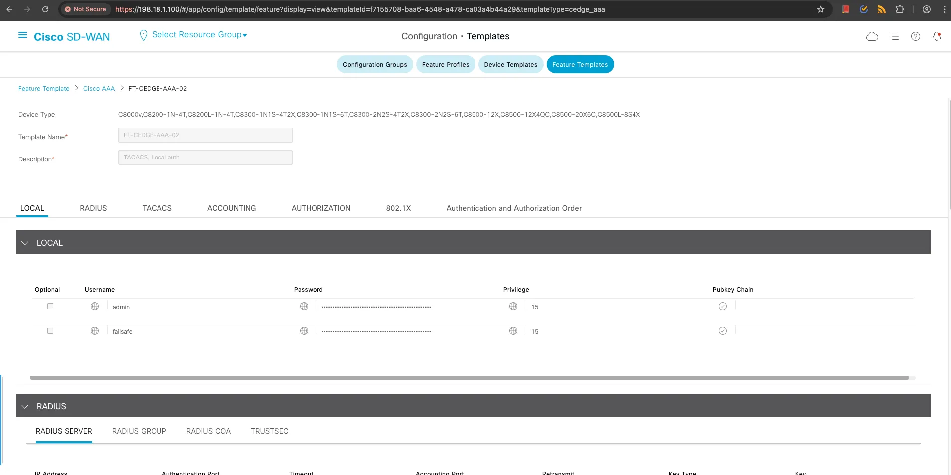 SDWAN Controller UI for FT-CEDGE-AAA-02 Template Updated After Import