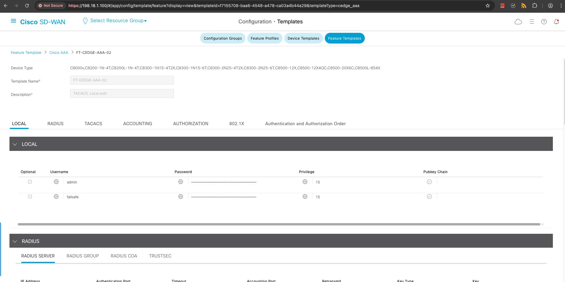 SDWAN Controller UI for FT-CEDGE-AAA-02 Template Updated After Import